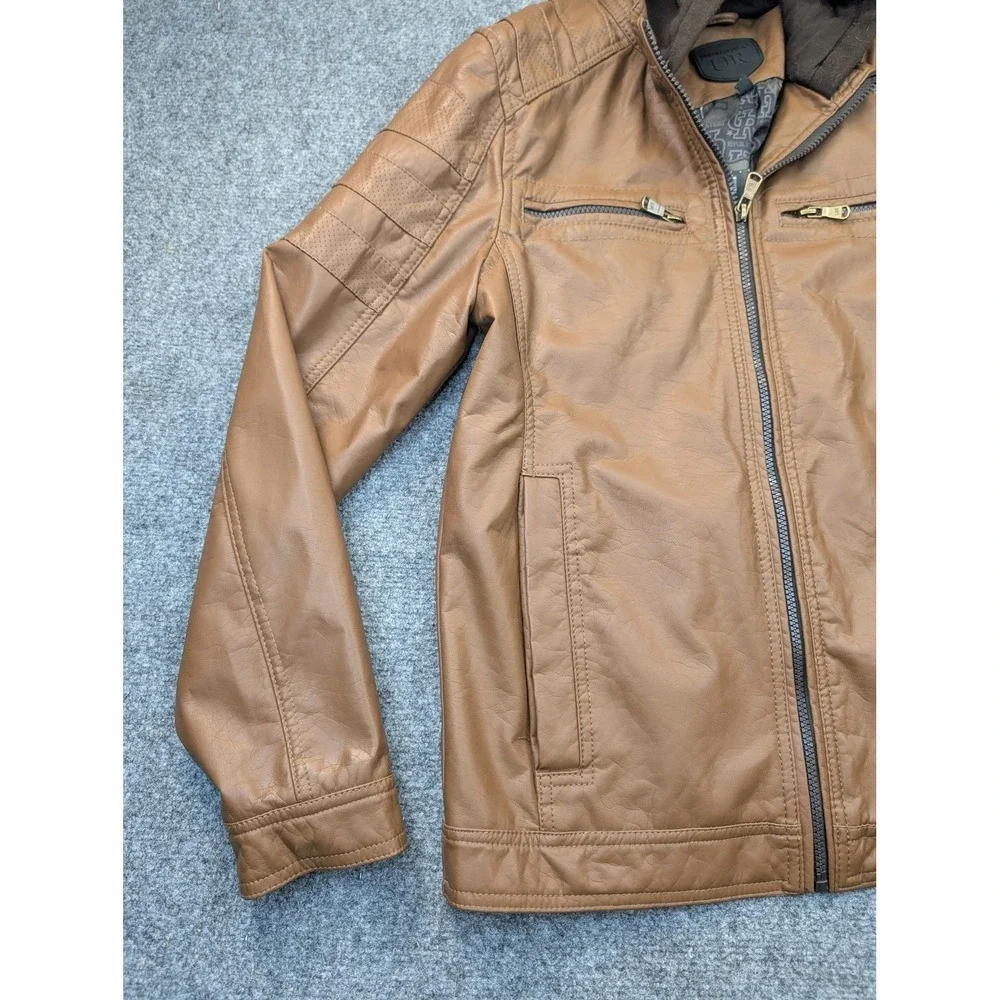 Urban Republic Jacket Mens Small Brown Faux Leather Hooded Moto Zip Pockets - Picture 2 of 12